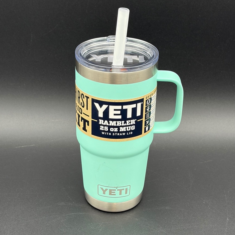 YETI Rambler 25 oz Mug Straw Lid Seafoam Green Stainless Steel Insulated READ